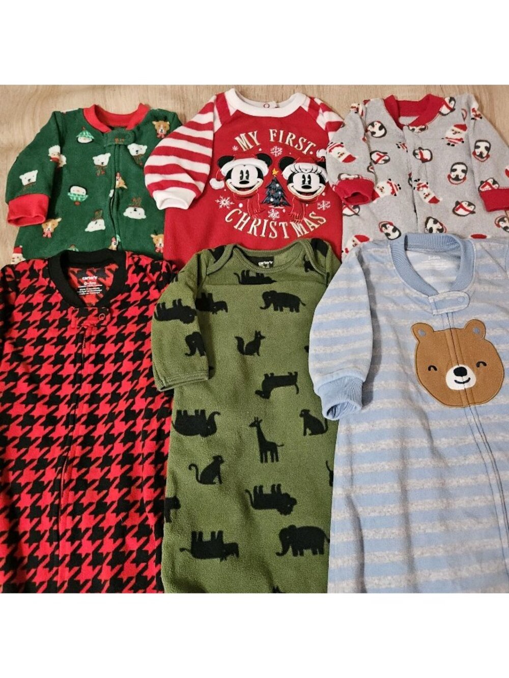 Lot Of 6 Carters Fleece Pjs Pajamas Sizes 0-3 3-6 Months Boys Animals Christmas